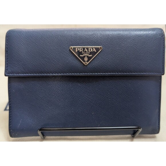 Prada Safiano Leather compact wallet Navy Blue tri-fold - Picture 1 of 6